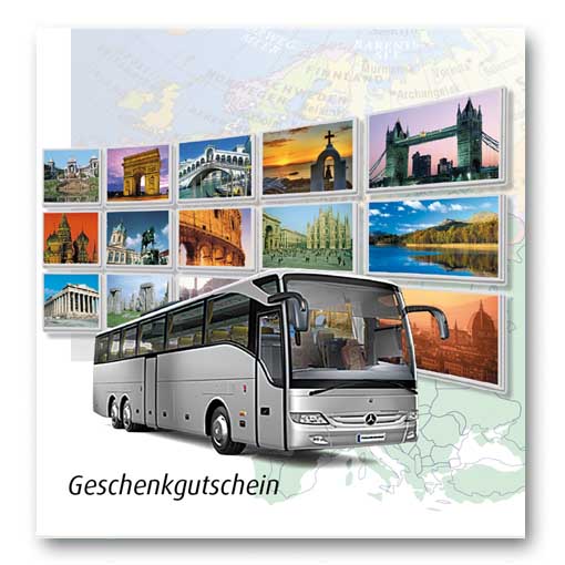 Geschenkgutschein mit Reisebus und europäischen Sehenswürdigkeiten